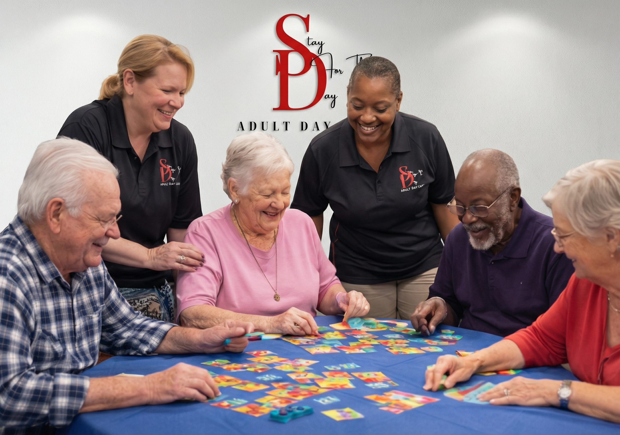 Diverse group of seniors enjoying activities together at Stay For The Day